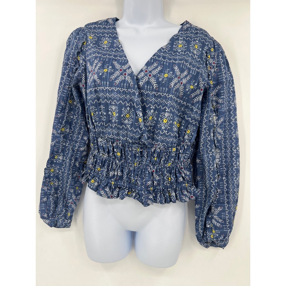 Anthropologie Forever That Girl Blue Geometric Smocked Cotton Blouse Small‎